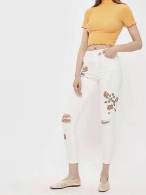 Topshop Moto Jamie Embroidered High Waisted White Skinny Jeans W 26 L 30